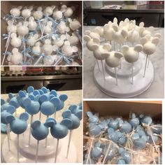 blue and white cake pops are on display