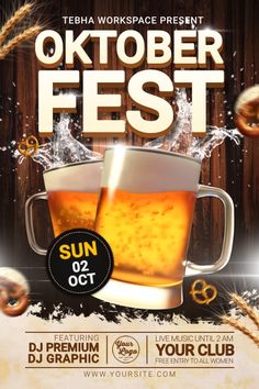 a flyer for an oktober fest with two mugs of beer on the table