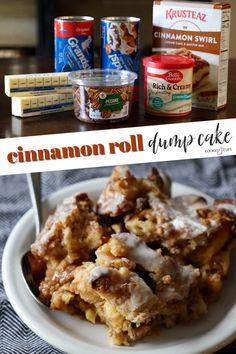 cinnamon roll dump cake on a white plate