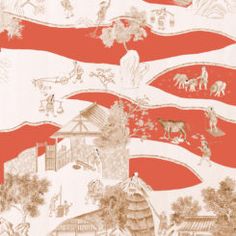 a red and white wallpaper with an image of people on horses in the background