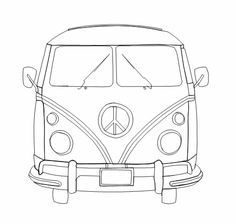 the front view of a vw bus with peace sign on it's side