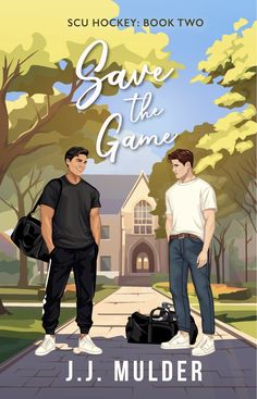 two men are standing in front of a house with the words save the game on it