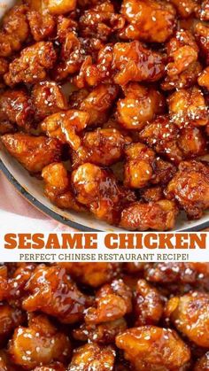 sesame chicken in a bowl with the title above it