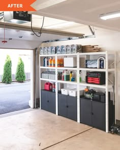 the garage is clean and ready to be used as a storage area for various items