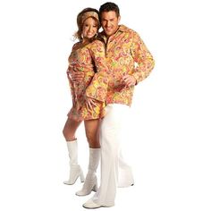 a man and woman dressed in 70s style clothing posing for the camera with their arms around each other