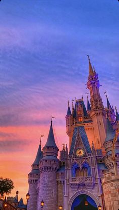 the castle is lit up at night with its lights on