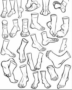 a bunch of feet that are drawn in black and white, with different positions to put on