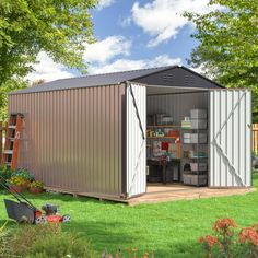 a metal shed with the door open and shelves full of supplies in front of it