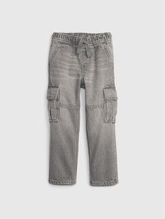 This pant is made with 5% recycled cotton.  Less waste in the world.  More great clothes for you.  Soft cotton jeans.  Elasticized waist with faux drawstring.  Front slant pockets, back patch pockets.  Side cargo pockets.  Better denim.  Better planet.  This pair of denim is part of our water-saving Washwell program.  Compared to conventional wash methods, Washwell has saved millions of liters of water since 2016.  Easy pull-on waist.  Straight through the hip and thigh.  Straight leg.  Sizes ra Cotton Jeans, Water Saving, Cargo Jeans, Save Water, Back Patch, Clothing Ideas, Recycled Cotton, Baby Toddler, Gap