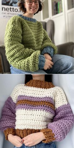 two photos one with a woman wearing a sweater and the other with a crochet top