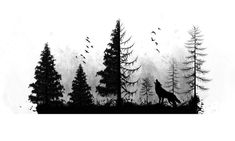 a black and white drawing of a wolf in the woods with birds flying around it