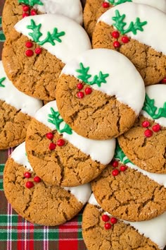 cookies decorated with white icing and holly decorations