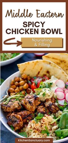 a bowl filled with chicken and rice next to pita bread on top of a table