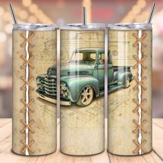 two tumblers with an old truck painted on them