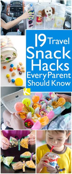 the words travel snack hacks every parent should know are overlaided with images of children eating snacks