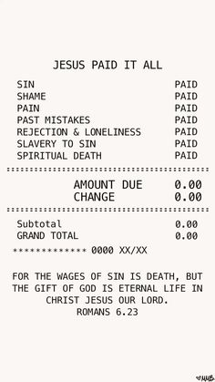 the receipt for jesus paid it all, with numbers and times to be printed out