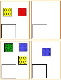 four squares with legos on them in the same color and size, each one is different