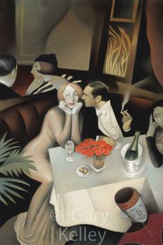 a painting of two people sitting at a table with wine and flowers in front of them