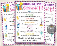 two house cleaning printables with the words house keeping and survival kit on them