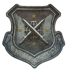 a metal shield with two crossed swords and the words battle school on it