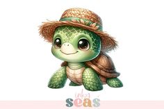 a cartoon turtle wearing a straw hat and sitting on top of it's back