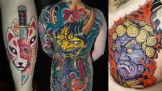 three different colored tattoos on the back of men's bodies