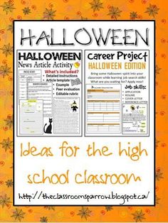 halloween project ideas for the high school classroom with an orange background and starbursts