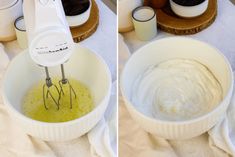 two pictures showing how to make whipped cream in a bowl and whisk it with an electric hand mixer