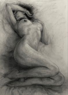 a drawing of a naked woman sitting on the ground with her hands behind her head