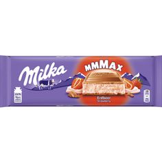 milka mmm max bar with chocolate and strawberries on the top, in front of a white background