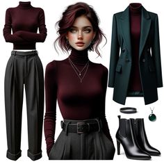 Grey slacks, dark wine shirt, dark teal jacket Short Women Formal Outfit, Dark Academia Business Outfit, Wine Turtleneck Outfit, Business Witch Fashion, Dark Fall Fashion, Dark Acidamiaoutfits, Wine Red Clothes, Dark Winter Clothes, Dark Colors Outfit