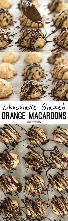 chocolate glazed orange macaroons are on a baking sheet and drizzled with melted chocolate