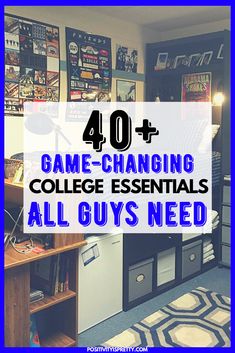 the words 40 game - changing college essentials all guys need in blue and white