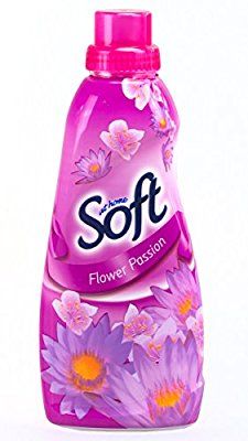 a bottle of soft flower passion on a white background with pink flowers in the bottom