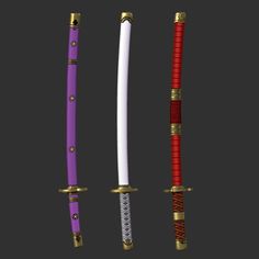 three different colored swords with gold accents