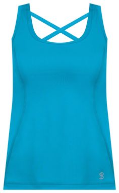 a women's blue tank top with cross straps on the front and back side