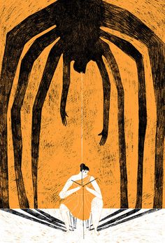 a drawing of a man sitting in front of a giant spider