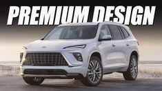 a white suv parked on the side of a road with text over it that reads premium design