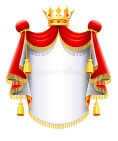 a red and white banner with a gold crown on top, surrounded by golden bells