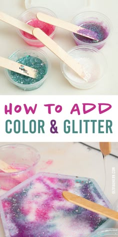 how to add color and glitter to your craft project with popsicle sticks, glue, and cotton swabs