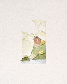 watercolor and ink painting of a house on a hill with clouds in the background