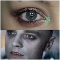 two different pictures of the same person's eyes and one with green eyeliners