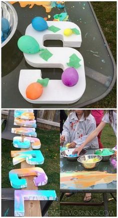 kids are painting letters with different colors and shapes