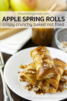 apple spring rolls crispy crunchy baked not fried on a plate with apples in the background