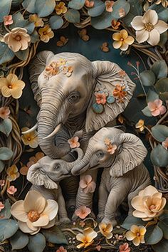 an elephant and her baby are surrounded by flowers