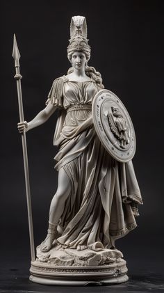 a statue of a woman holding a spear and shield