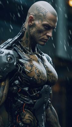 a man with tattoos on his body and chest standing in the rain, looking at something