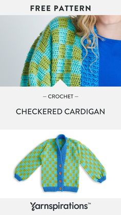 a woman wearing a green and blue sweater with the words crochet checkered cardigan