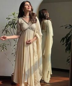 Aesthetic Anarkali Dress, Western Silk Dress, Traditional Indian Dresses For Women, Fashion Outfits Traditional, Anarkali With Yoke, Kurti Set For Wedding, Wedding Dresses Suit, Beige Anarkali Dress, Wedding Anarkali Suits