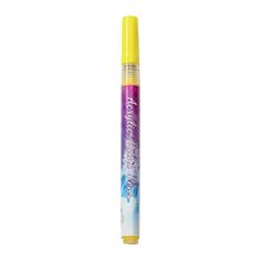 a yellow and purple pen sitting on top of a white surface